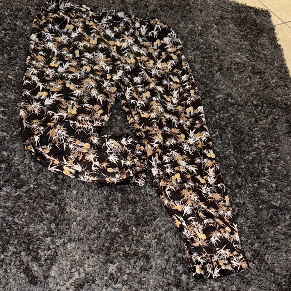 Peter Som Black Pants with Gold and White Leaf Pattern